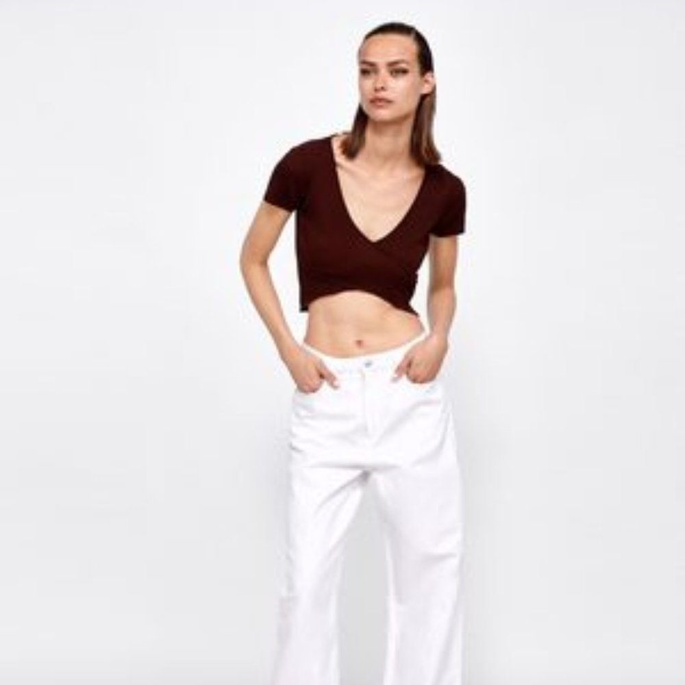 ZARA Knit Ribbed Brown Wrap Crop Top Small S